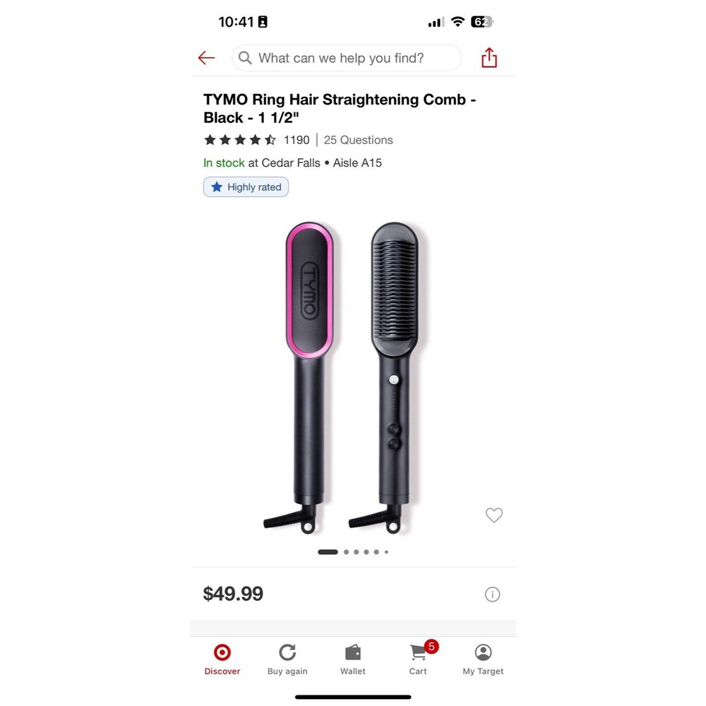 NEW Sealed TYMO Ring Hair Straightening Comb - Black - 1 1/2"